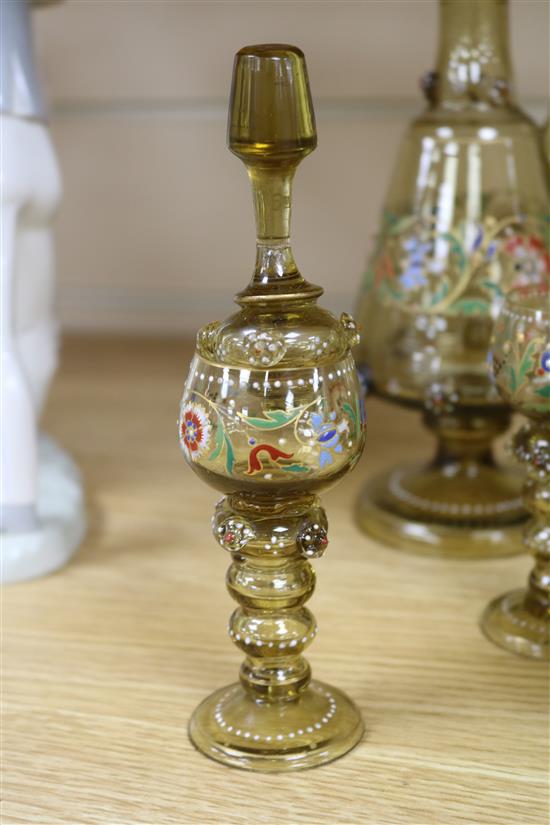 Two Bohemian enamelled glass liqueur jugs and four hock style liqueurs ewer 26cm